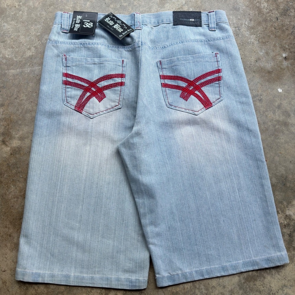Vintage Y2K Raw Blue Denim Shorts Baggy Red Stitch Embroidered Light 38 (h1)
